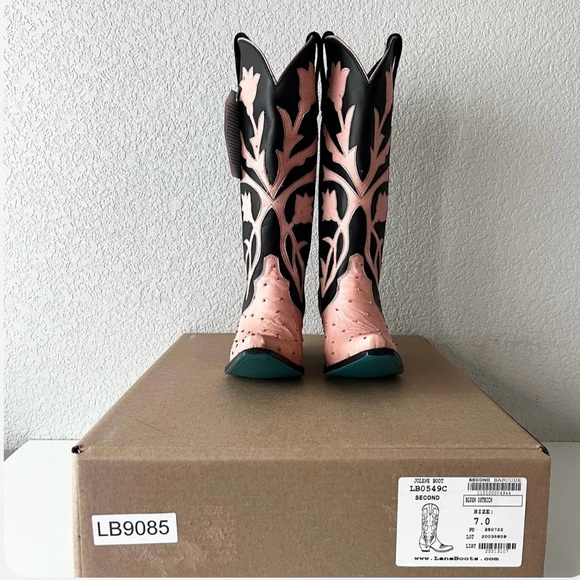 Lane Jolene Ostrich Boots pink and black 7 - Picture 3 of 12